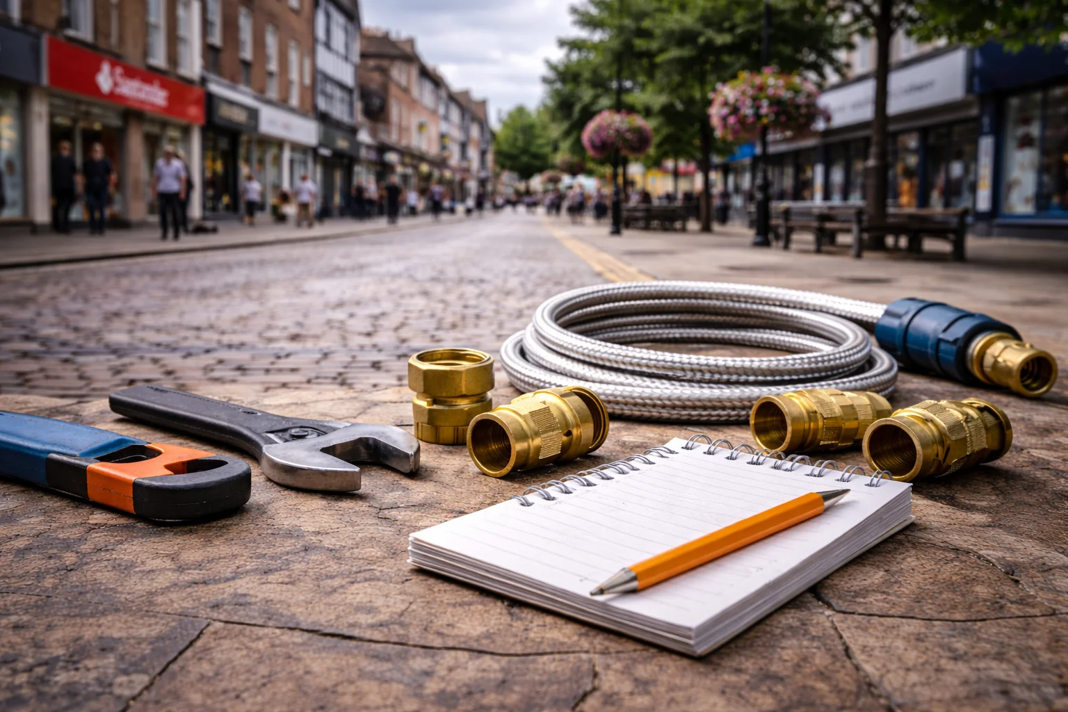 Plumbing tools on a cobbled street, Telford , Shrewsbury Shropshire