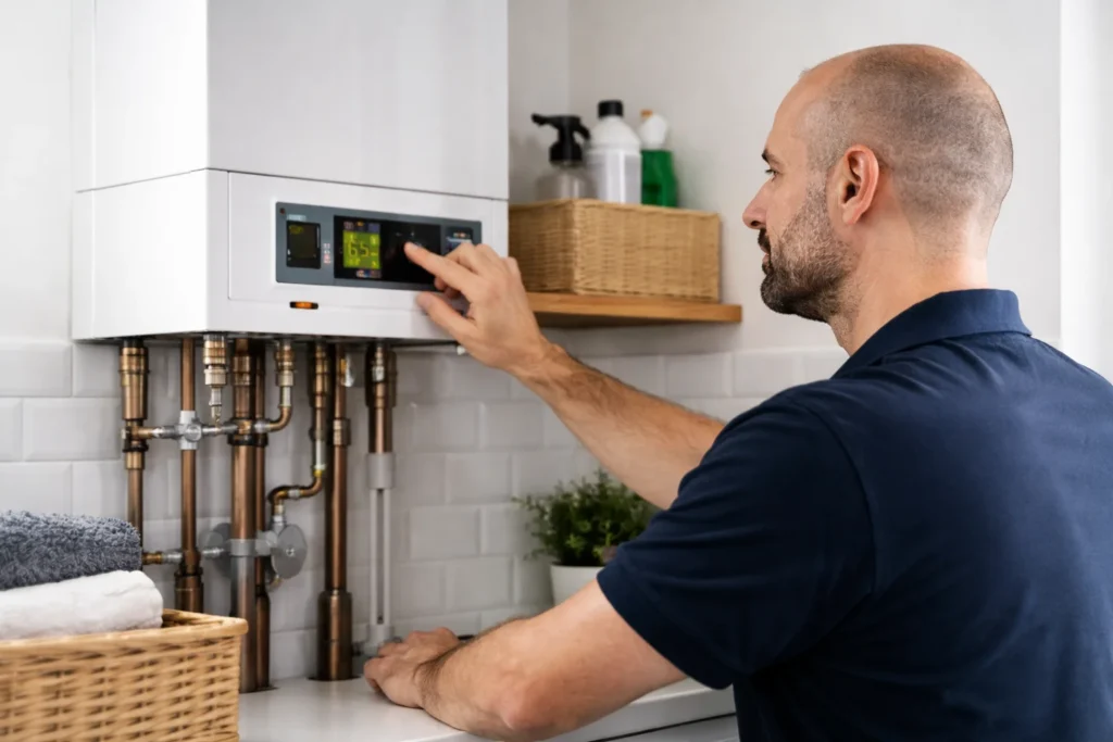 Engineer pressing buttons on a boiler